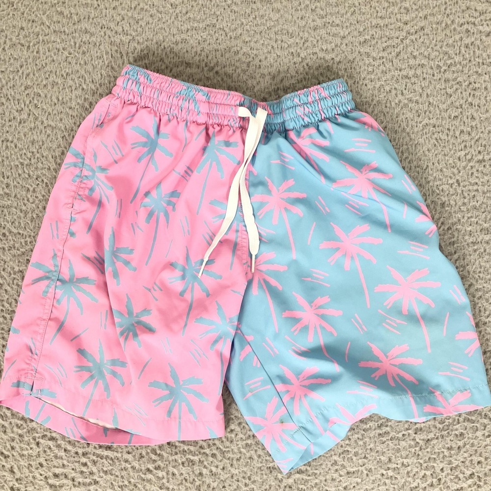 Chubbies Swim Shorts Mens Small Pink Blue Palm Tree 7" Inseam Lined Trunks
